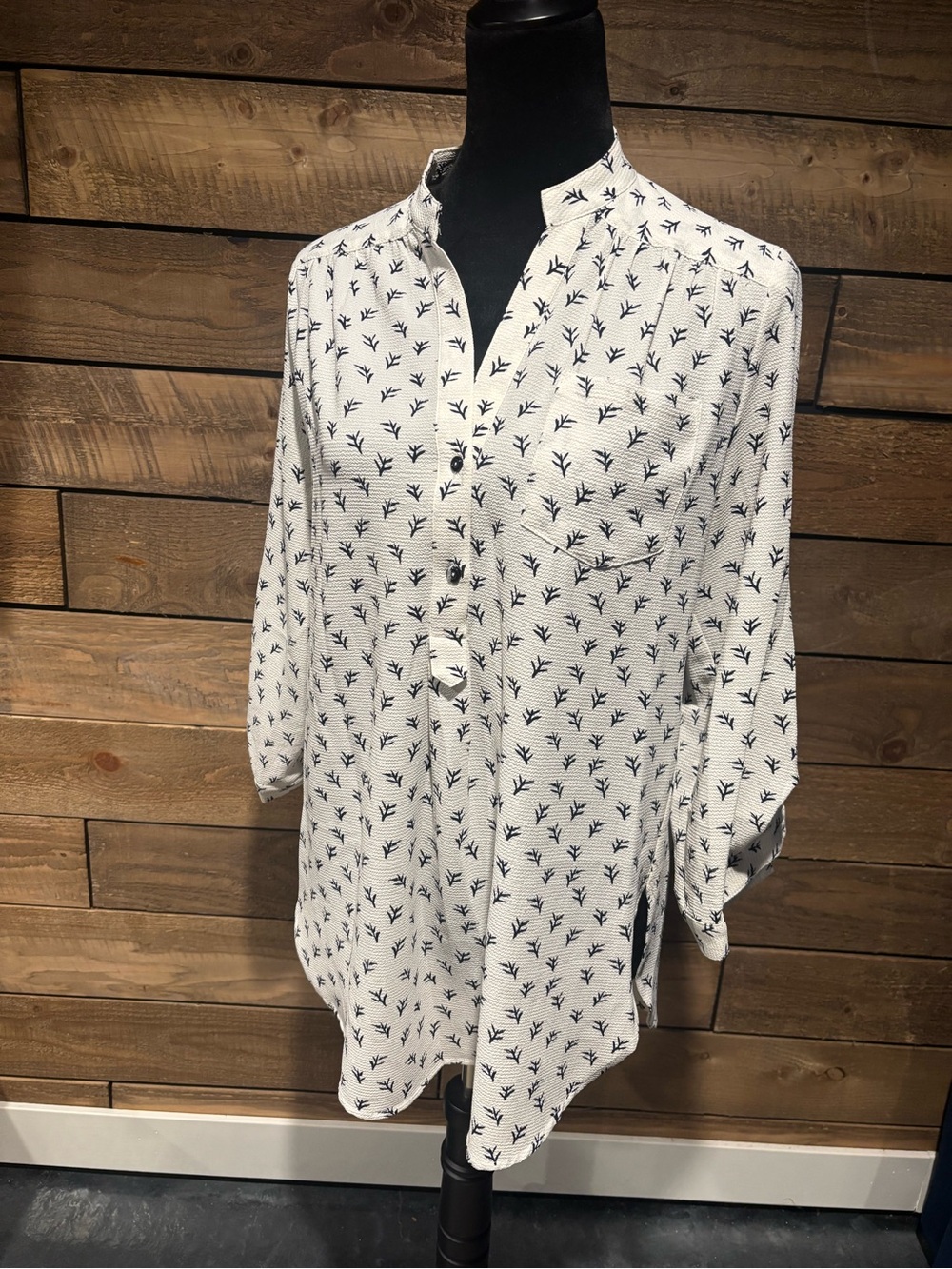 fun 2 fun White Blouse with Black Leaf Print